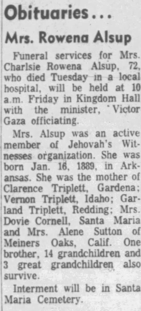 Obituary for Charlsie Rowena Alsup (Aged 72)